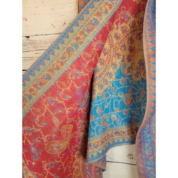 Reversible Fringe Shawl Scarf Pink Blue Paisley Metallic Thread Women's 28"x68" - Picture 7 of 10